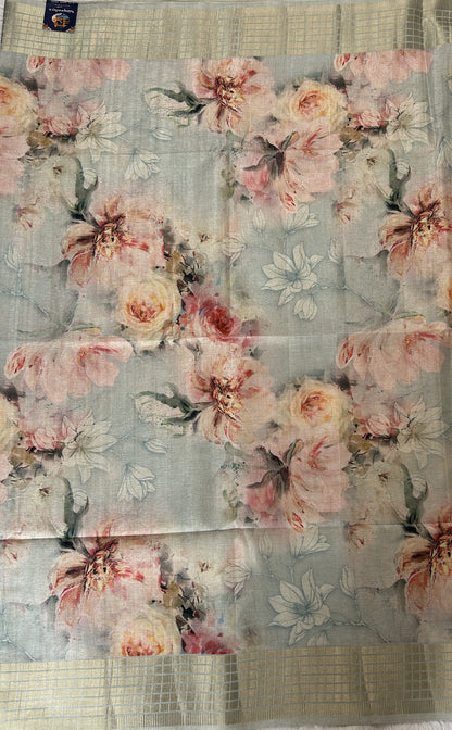 Semi Tussar Tissue Designer Saree Sea Blue colored complemented with a Zari Border. - Sampradaya Designer Studio