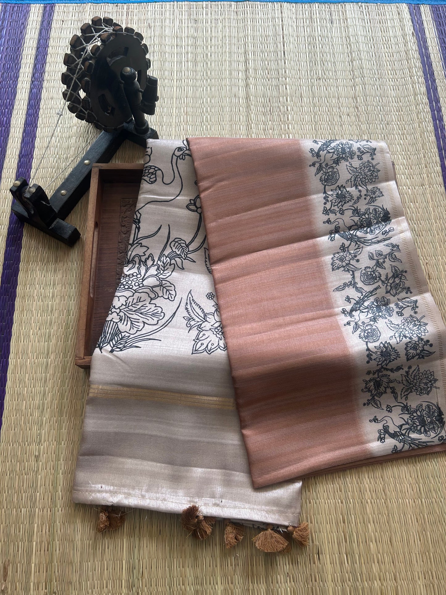 Semi Tussar Silk Saree -Sepia color with Gold Zari Border - Elegant Fancy Saree for Party & Office Wear.