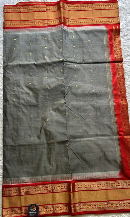 Narayanpet Silk Saree Gray Colored Complemented with a Red Zari Border. - Sampradaya Designer Studio