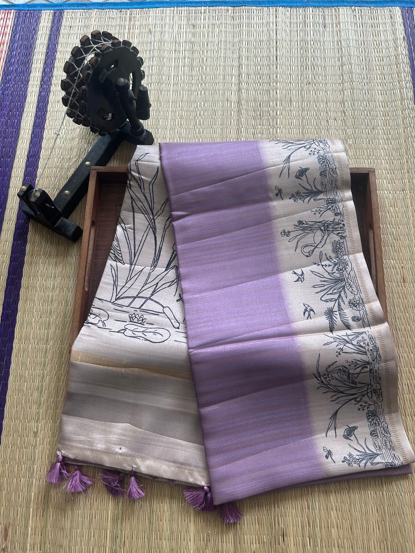 Semi Tussar Silk Saree - lavender color with Gold Zari Border - Elegant Fancy Saree for Party & Office Wear.