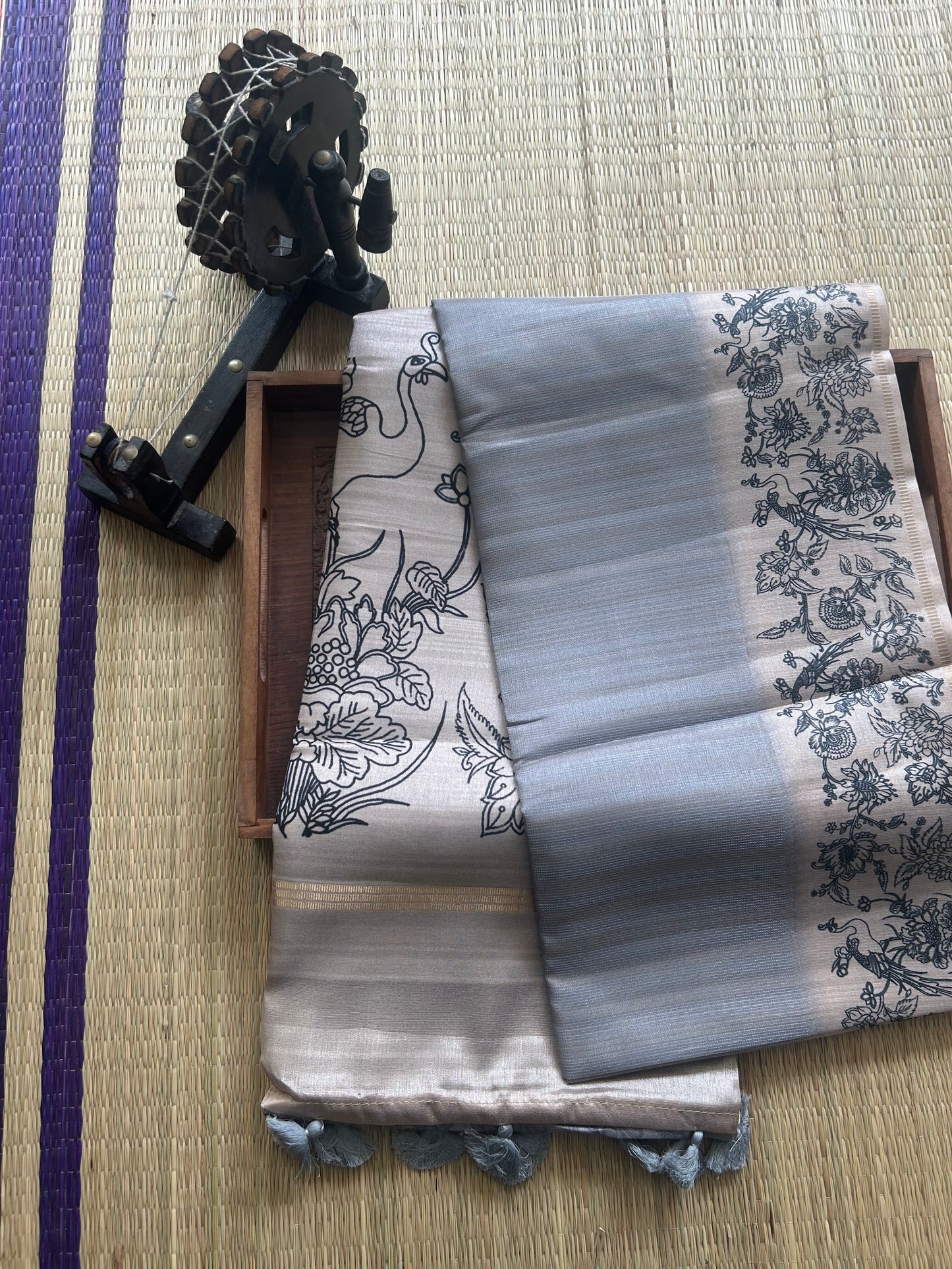 Semi Tussar Silk Saree -Gray color with Gold Zari Border - Elegant Fancy Saree for Party & Office Wear.