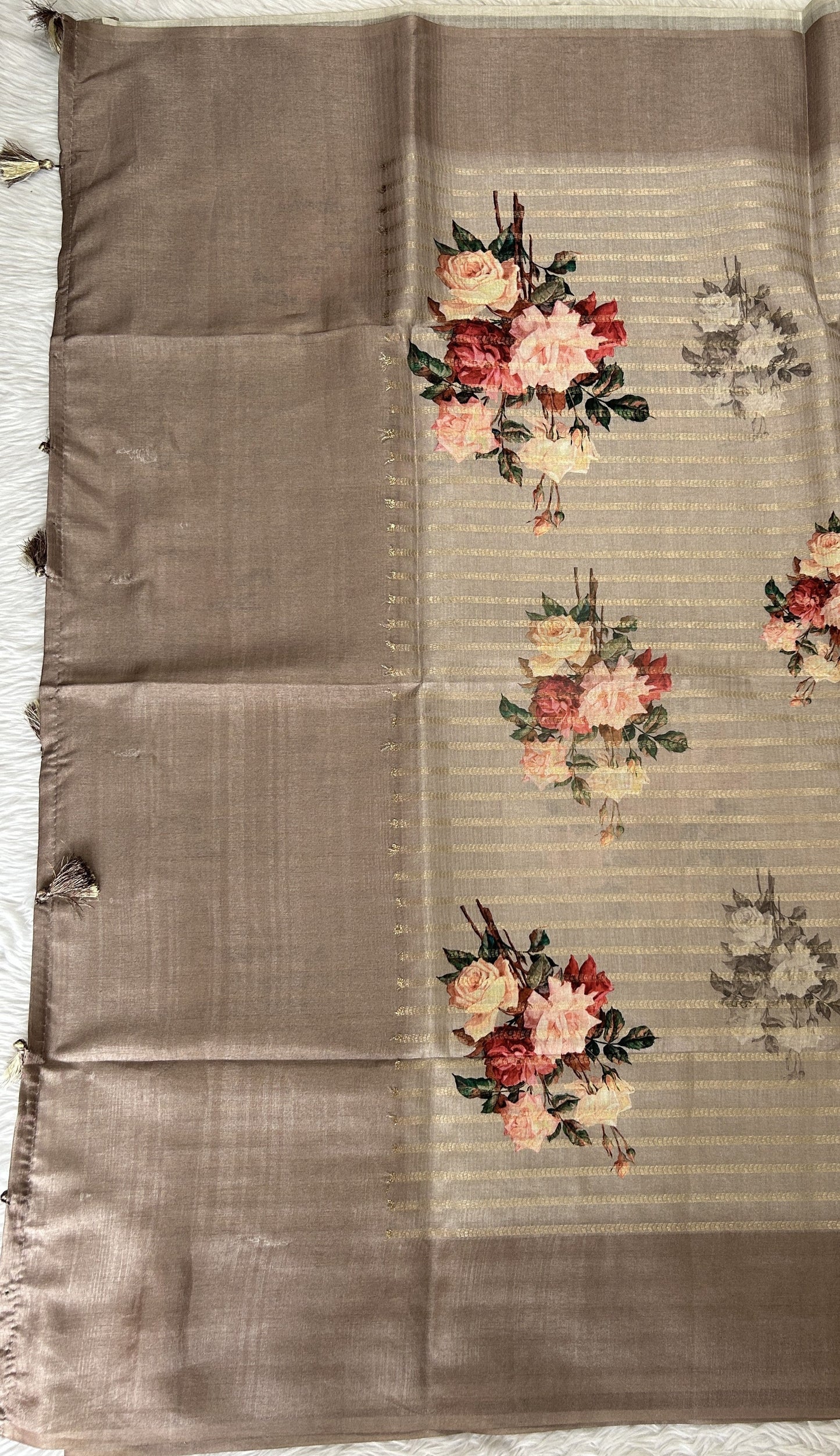 Semi Tussar Tissue Designer Saree Almond colored complemented with a Plain Border. - Sampradaya Designer Studio