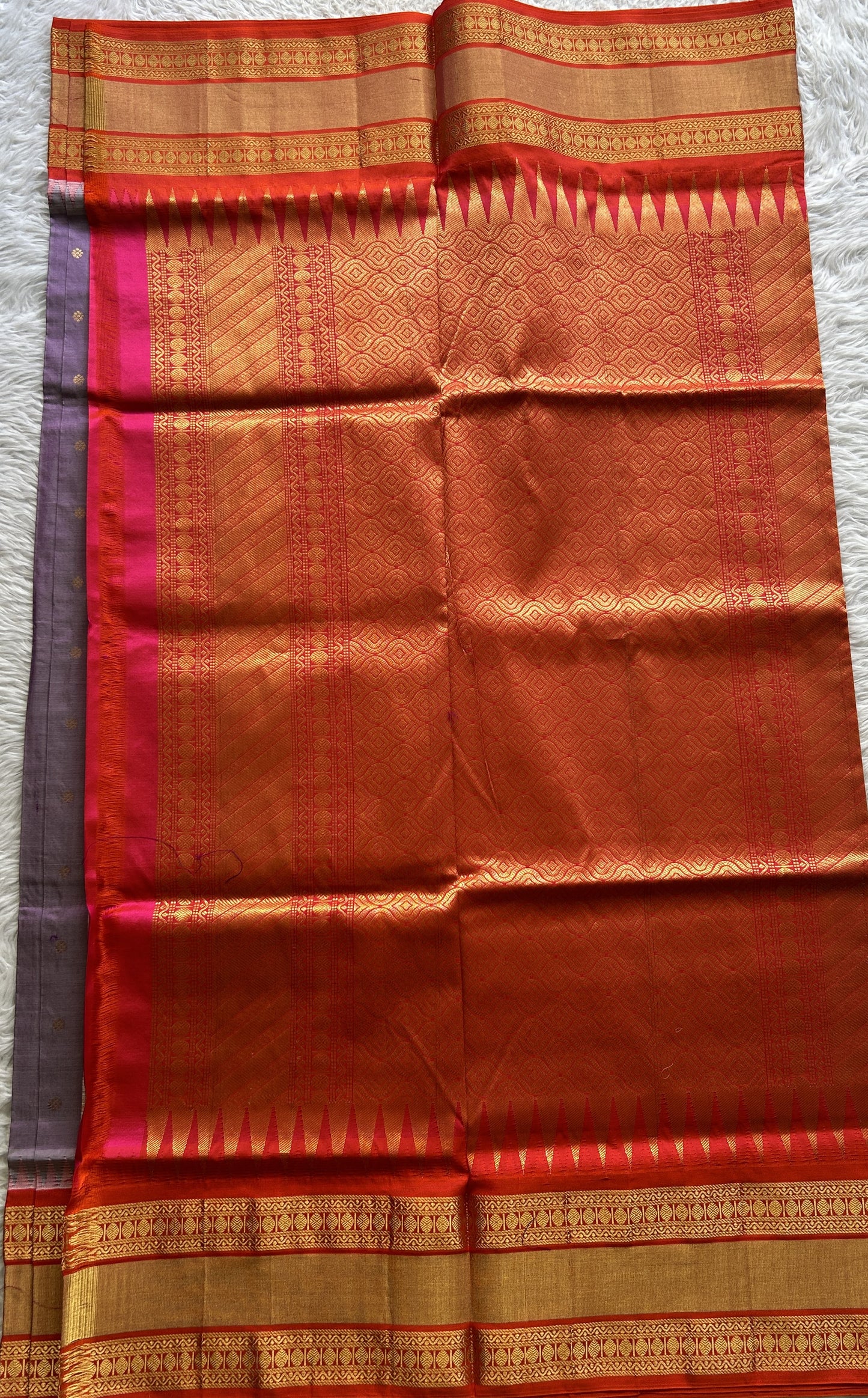 Narayanpet Silk Saree Lilac Colored Complemented with a Orange Zari Border. - Sampradaya Designer Studio
