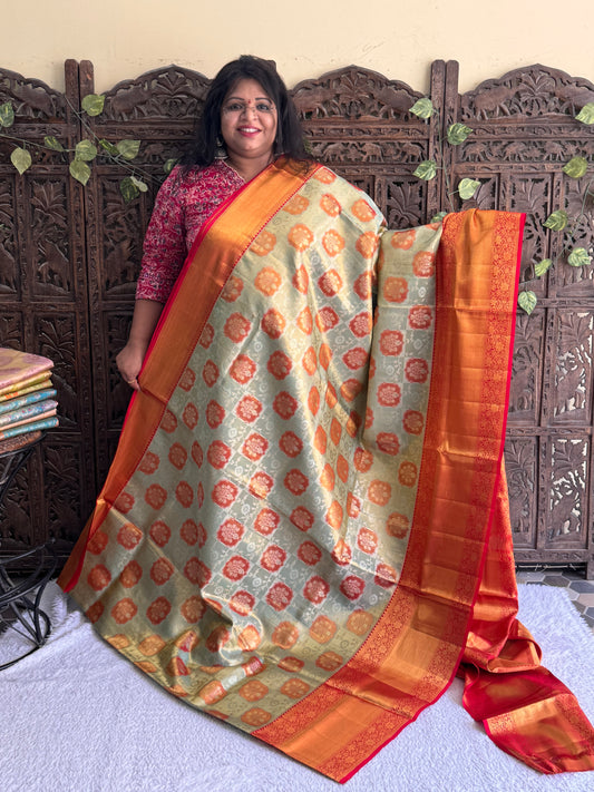 Sea Green Kanjivaram Bridal Silk Saree With Gold Zari Border  | Handloom | Silk Mark Certified