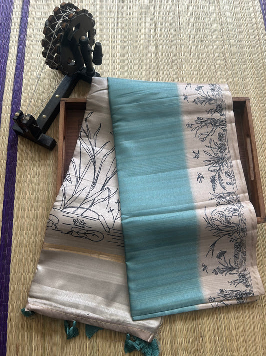 Semi Tussar Silk Saree - ice blue color with Gold Zari Border - Elegant Fancy Saree for Party & Office Wear.