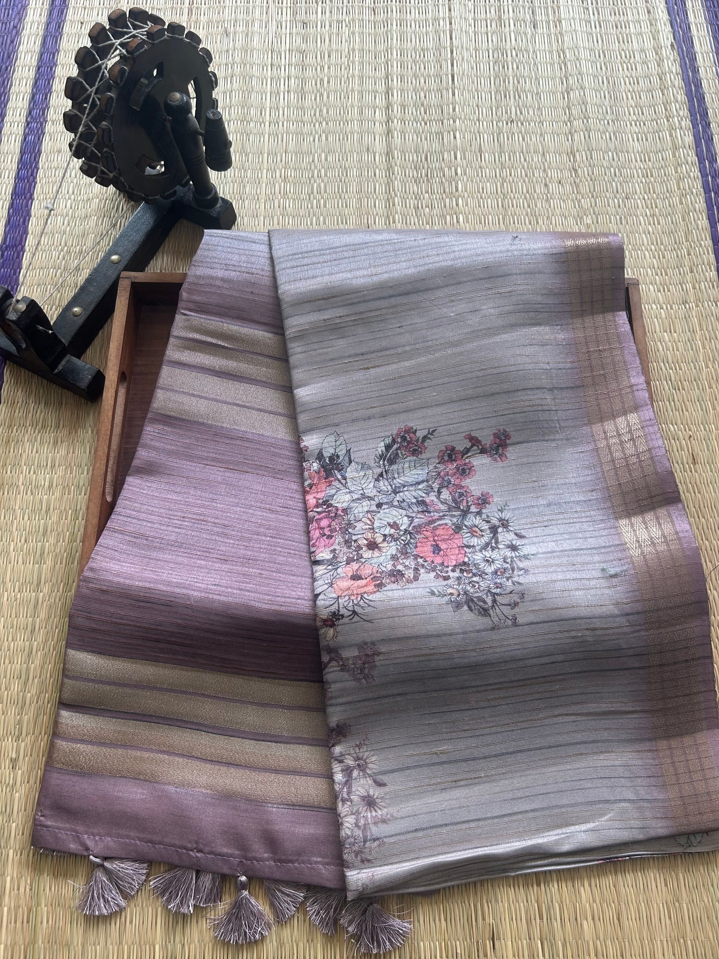 Semi Tussar Silk Saree - gray color with Gold Zari Border - Elegant Fancy Saree for Party & Office Wear.