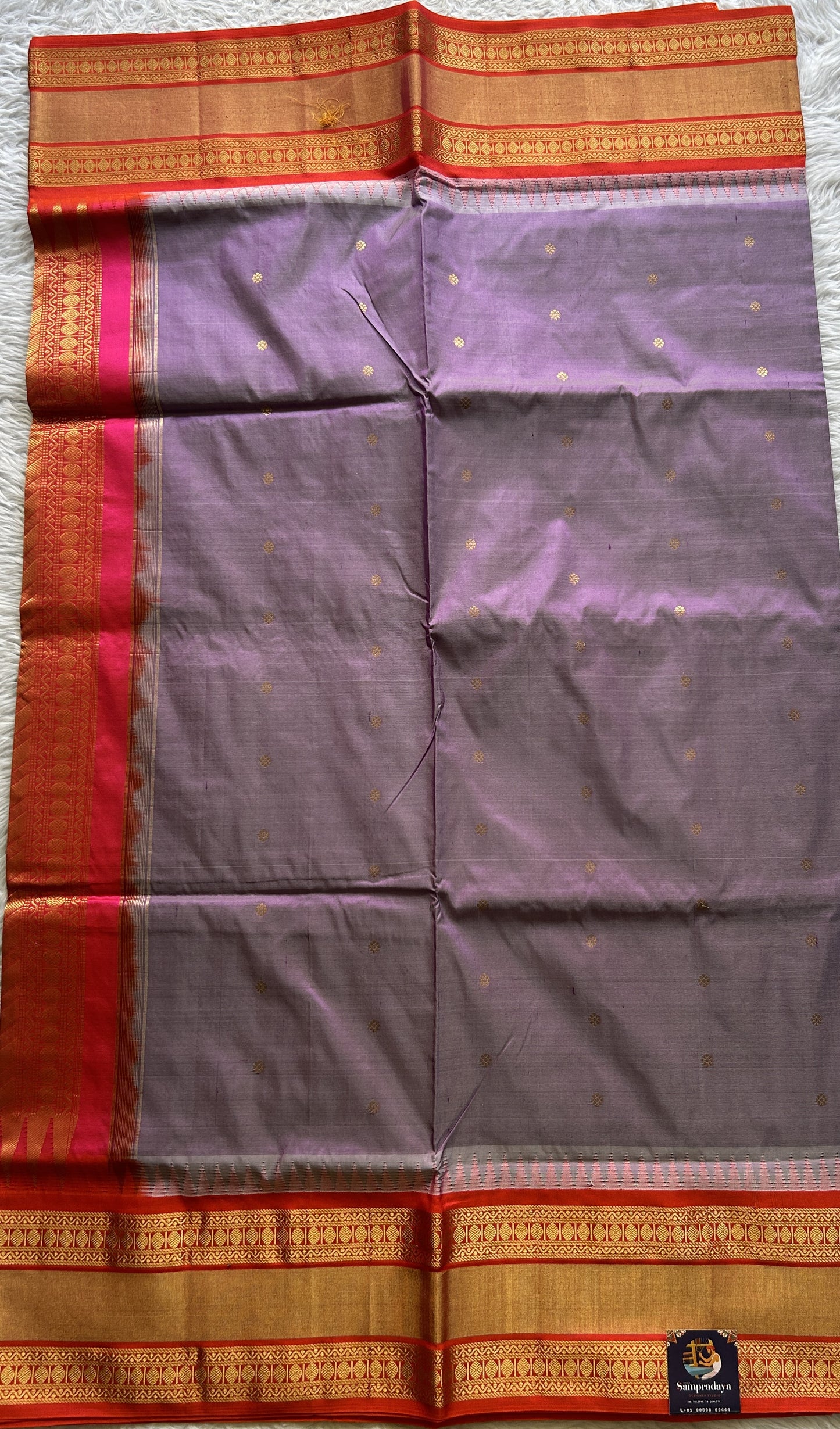 Narayanpet Silk Saree Lilac Colored Complemented with a Orange Zari Border. - Sampradaya Designer Studio