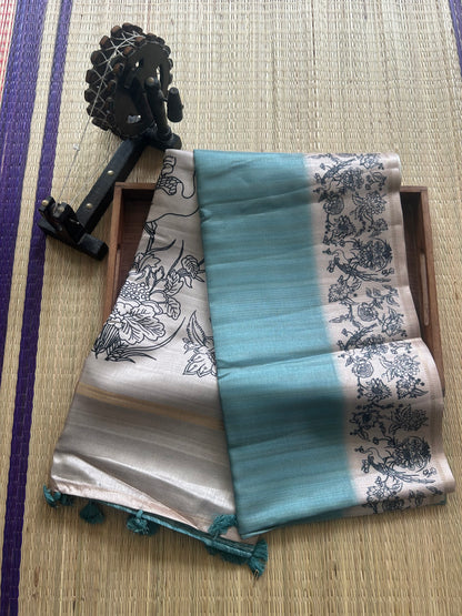 Semi Tussar Silk Saree -Ice blue color with Gold Zari Border - Elegant Fancy Saree for Party & Office Wear.