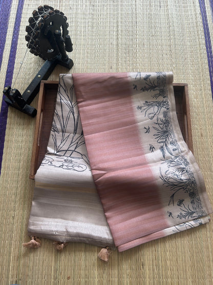 Semi Tussar Silk Saree - peach color with Gold Zari Border - Elegant Fancy Saree for Party & Office Wear.