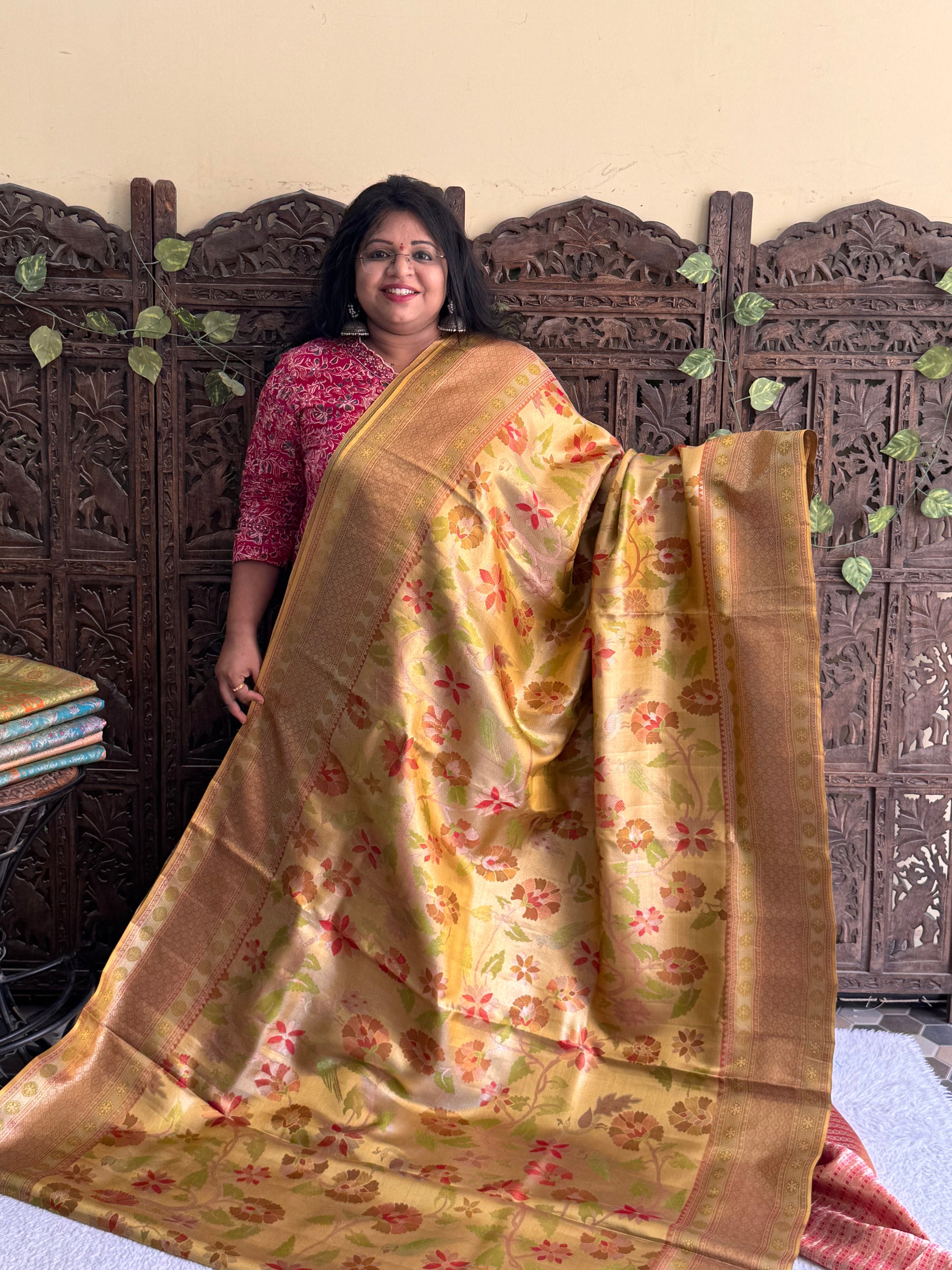 Gold Kanjivaram Bridal Silk Saree With Gold Zari Border  | Handloom | Silk Mark Certified - Sampradaya Designer Studio