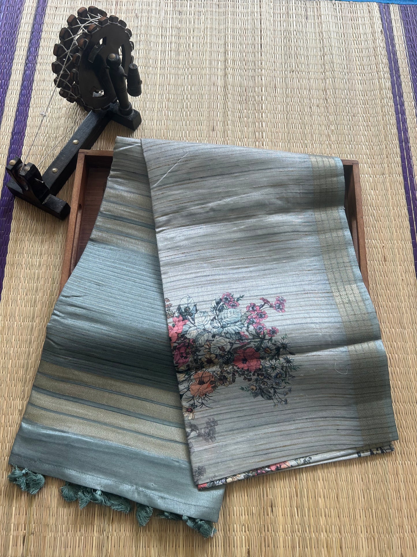 Semi Tussar Silk Saree - bluish gray color with Gold Zari Border - Elegant Fancy Saree for Party & Office Wear.