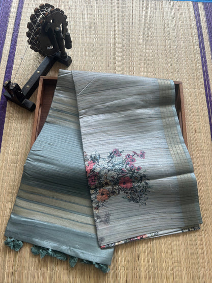 Semi Tussar Silk Saree - bluish gray color with Gold Zari Border - Elegant Fancy Saree for Party & Office Wear.