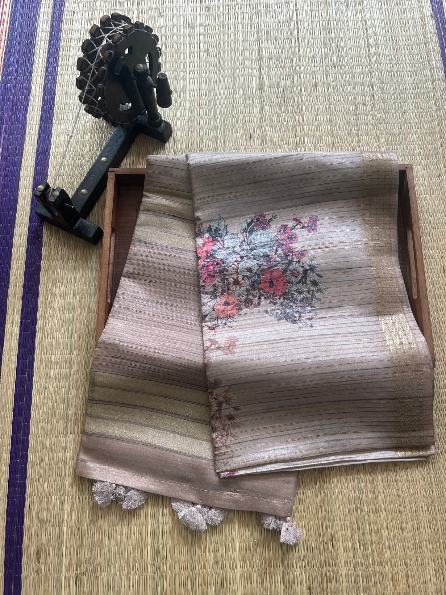 Semi Tussar Silk Saree - Beige color with Gold Zari Border - Elegant Fancy Saree for Party & Office Wear.