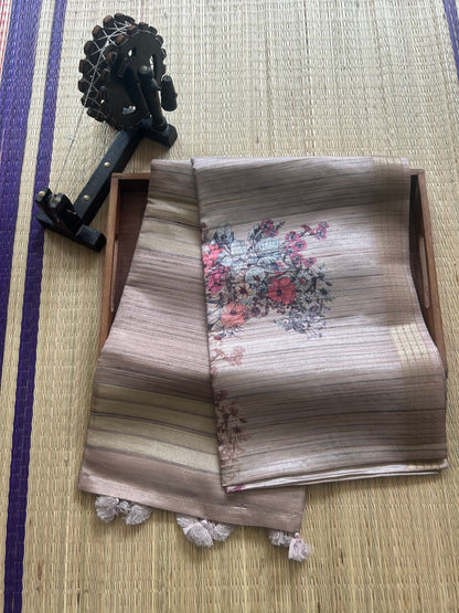 Semi Tussar Silk Saree - Beige color with Gold Zari Border - Elegant Fancy Saree for Party & Office Wear.