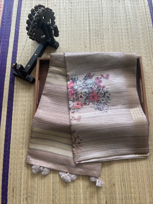 Semi Tussar Silk Saree - Beige color with Gold Zari Border - Elegant Fancy Saree for Party & Office Wear.