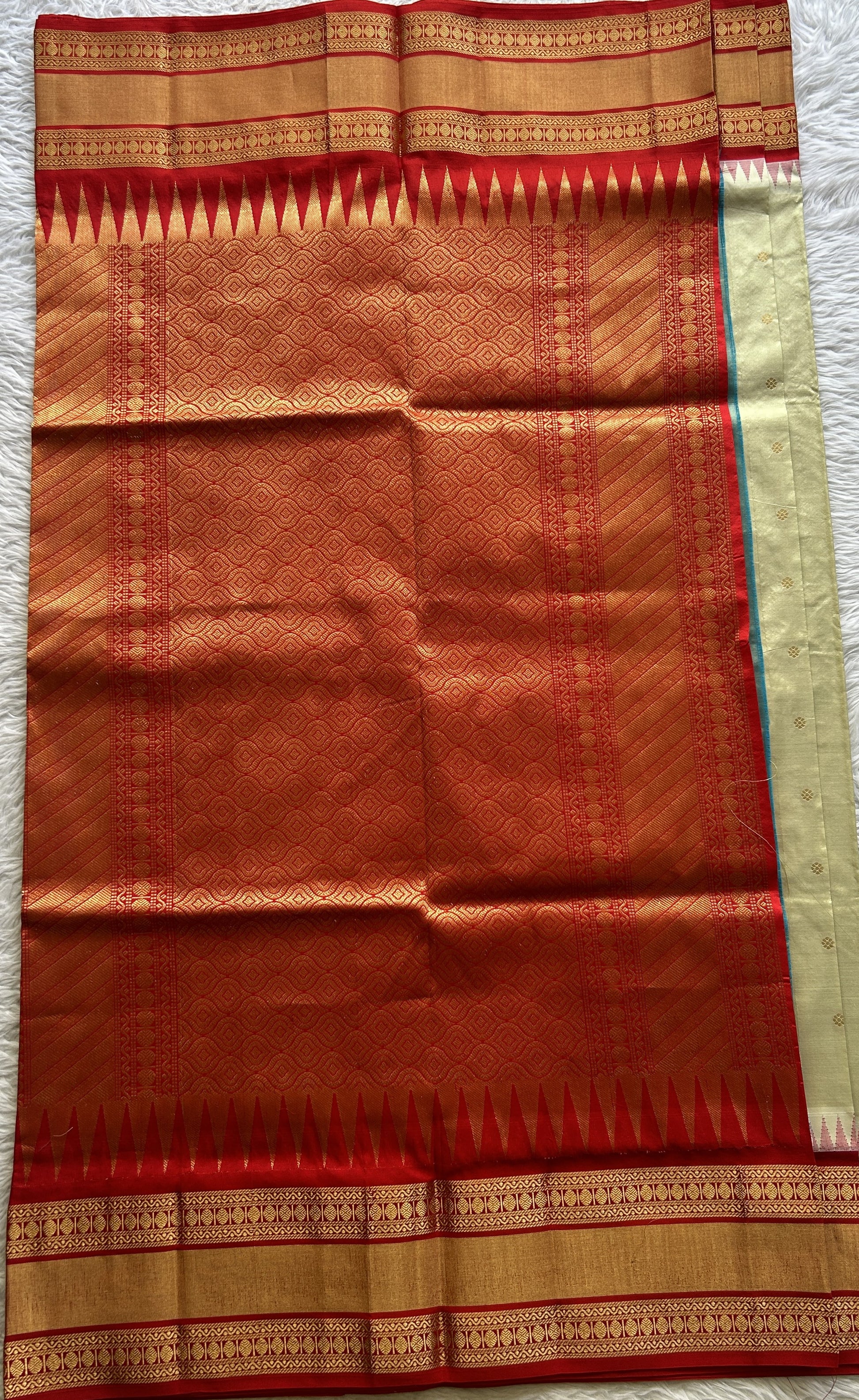 Narayanpet Silk Saree Cream Colored Complemented with a Red Zari Border. - Sampradaya Designer Studio
