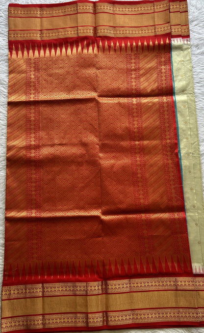Narayanpet Silk Saree Cream Colored Complemented with a Red Zari Border. - Sampradaya Designer Studio