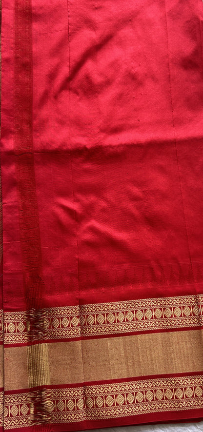 Narayanpet Silk Saree Cream Colored Complemented with a Red Zari Border. - Sampradaya Designer Studio