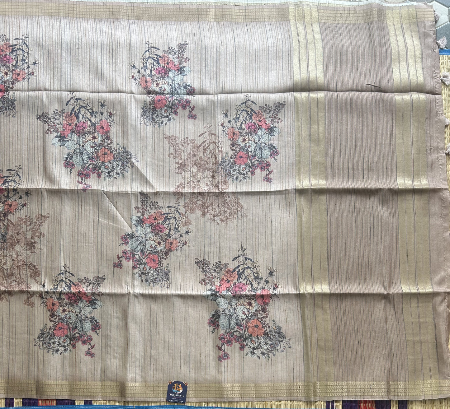 Semi Tussar Silk Saree - Beige color with Gold Zari Border - Elegant Fancy Saree for Party & Office Wear.