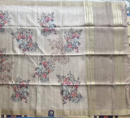 Semi Tussar Silk Saree - Beige color with Gold Zari Border - Elegant Fancy Saree for Party & Office Wear.