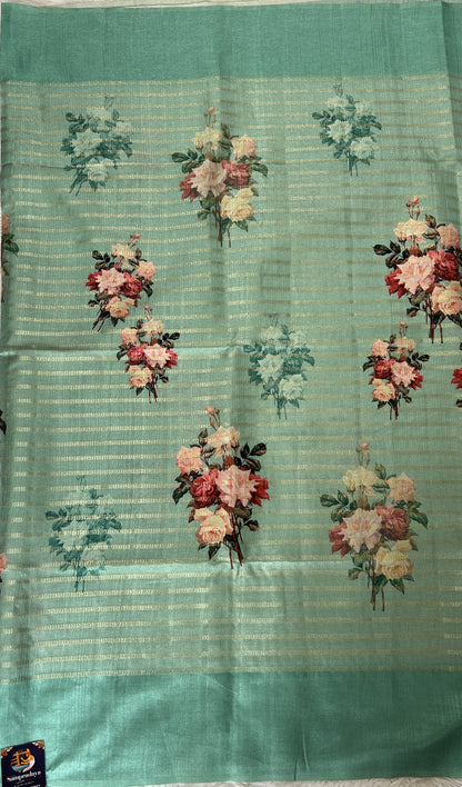 Semi Tussar Tissue Designer Saree Sea Blue colored complemented with a Plain Border. - Sampradaya Designer Studio