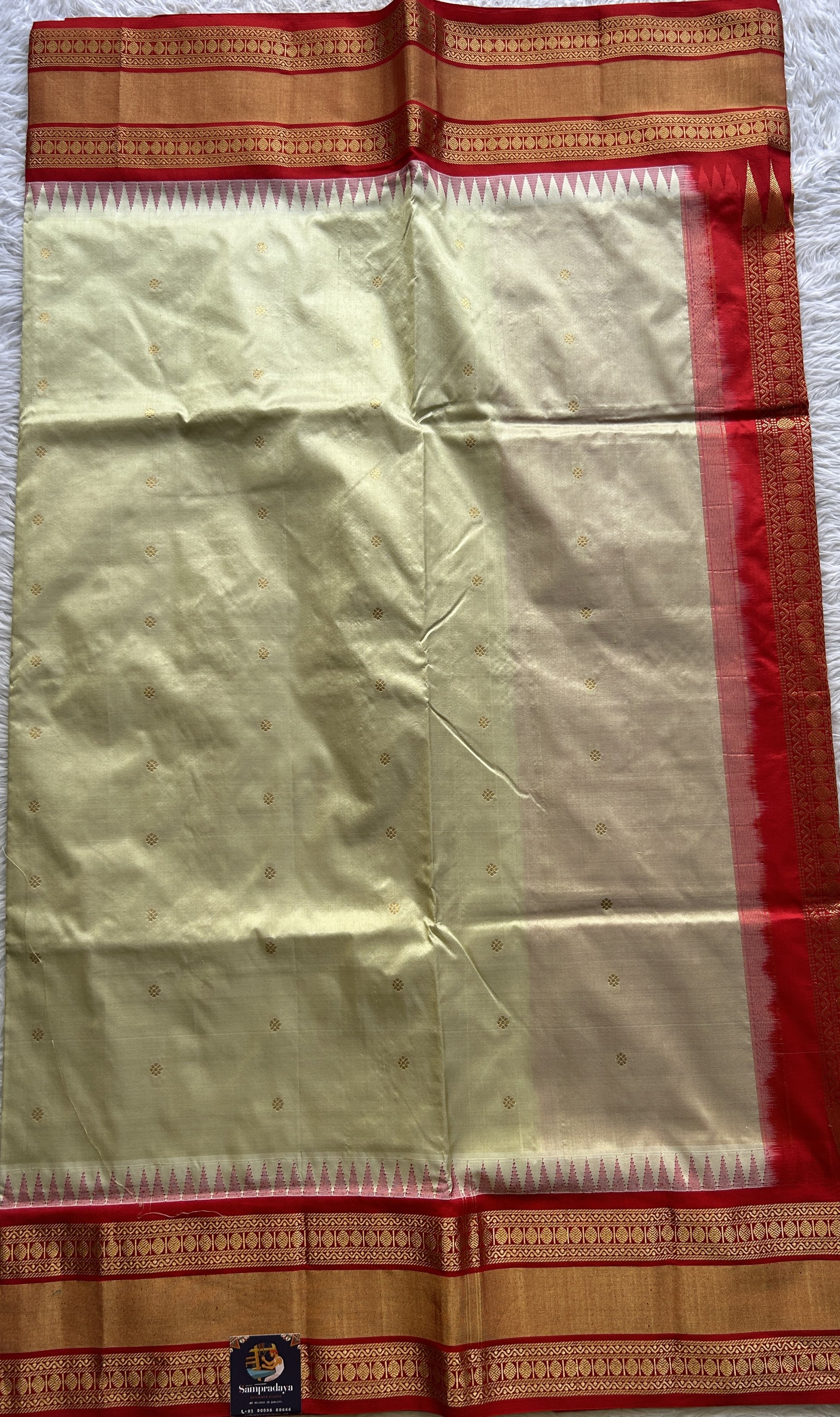 Narayanpet Silk Saree Cream Colored Complemented with a Red Zari Border. - Sampradaya Designer Studio