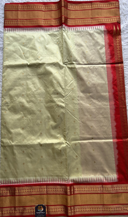 Narayanpet Silk Saree Cream Colored Complemented with a Red Zari Border. - Sampradaya Designer Studio