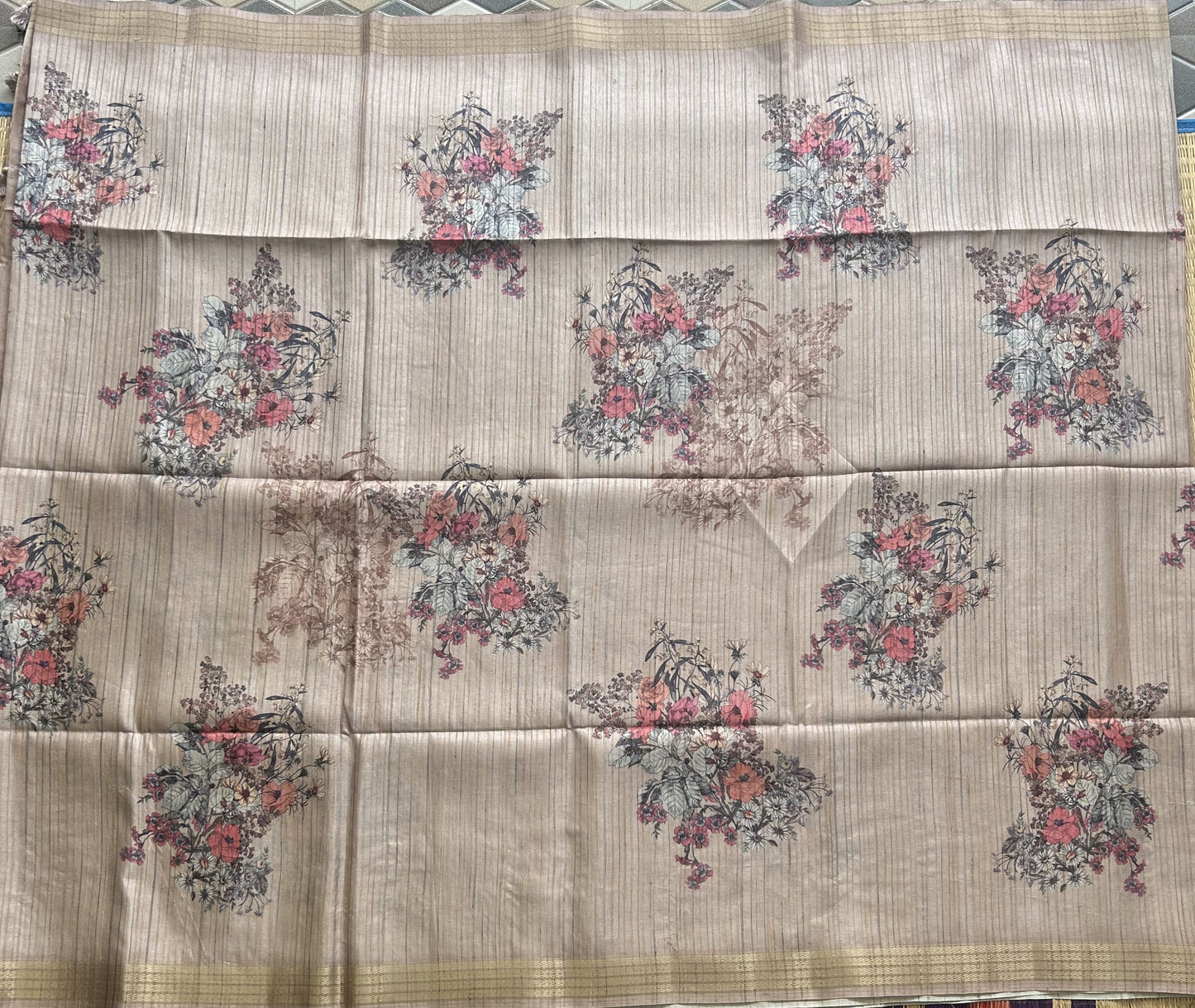 Semi Tussar Silk Saree - Beige color with Gold Zari Border - Elegant Fancy Saree for Party & Office Wear.