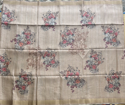 Semi Tussar Silk Saree - Beige color with Gold Zari Border - Elegant Fancy Saree for Party & Office Wear.