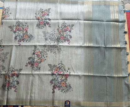 Semi Tussar Silk Saree - bluish gray color with Gold Zari Border - Elegant Fancy Saree for Party & Office Wear.