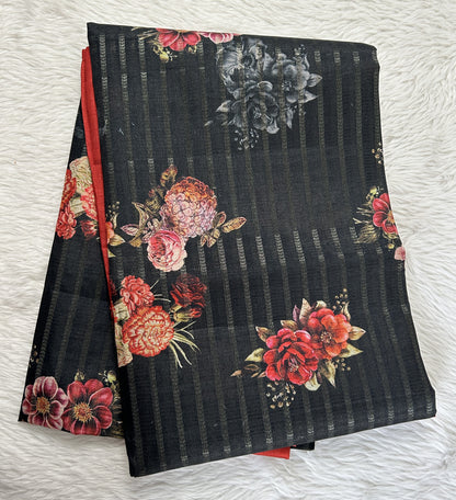Semi Tussar Tissue Designer Saree Black colored complemented with a Red Plain Border. - Sampradaya Designer Studio