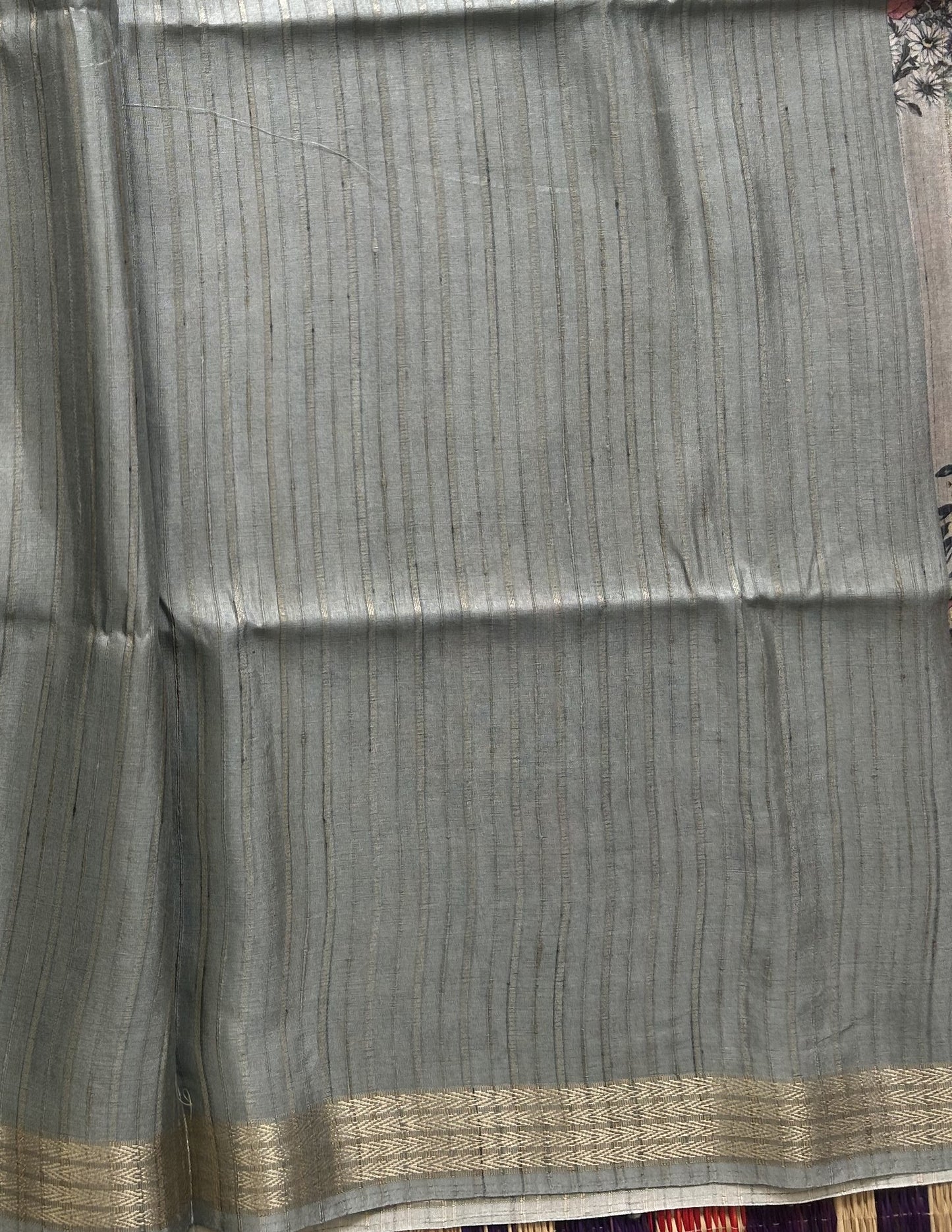 Semi Tussar Silk Saree - bluish gray color with Gold Zari Border - Elegant Fancy Saree for Party & Office Wear.