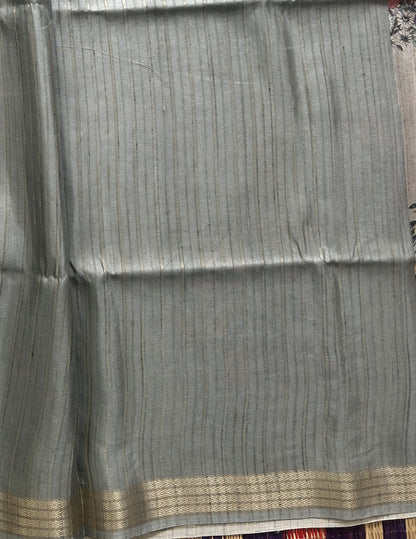 Semi Tussar Silk Saree - bluish gray color with Gold Zari Border - Elegant Fancy Saree for Party & Office Wear.