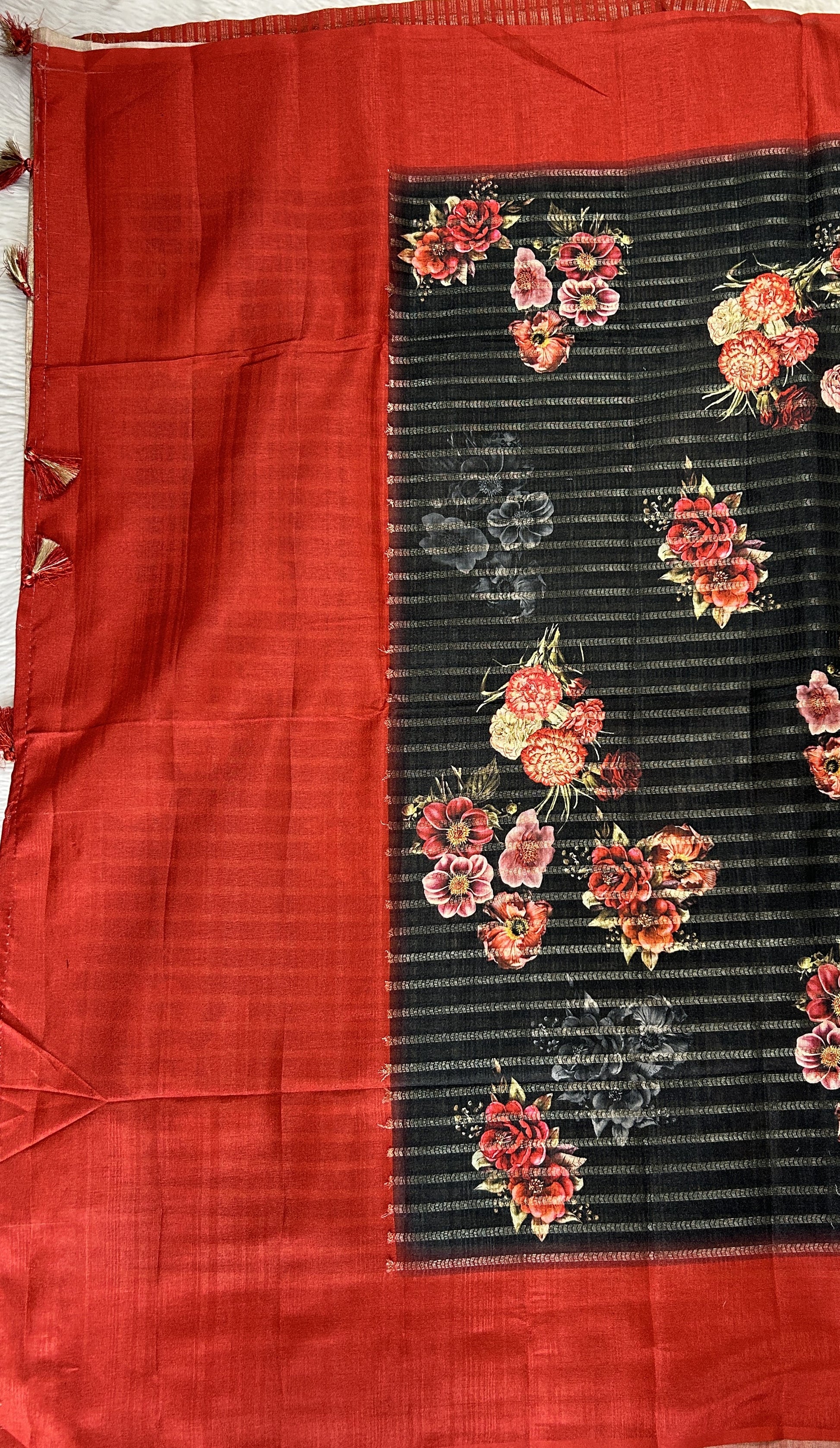 Semi Tussar Tissue Designer Saree Black colored complemented with a Red Plain Border. - Sampradaya Designer Studio