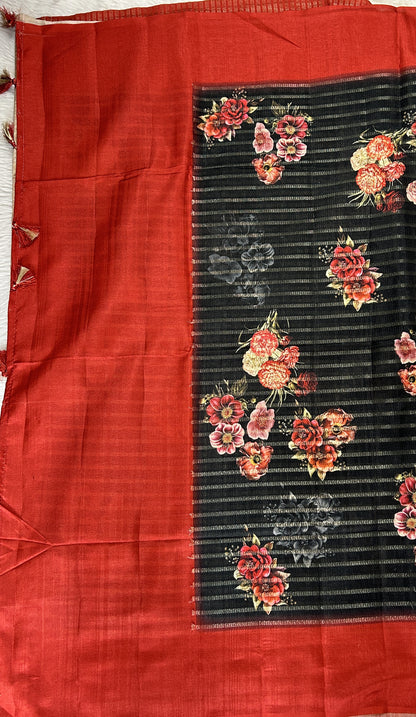 Semi Tussar Tissue Designer Saree Black colored complemented with a Red Plain Border. - Sampradaya Designer Studio