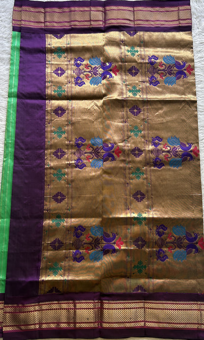 Narayanpet Silk Saree Green Colored Complemented with a Violet Zari Border. - Sampradaya Designer Studio