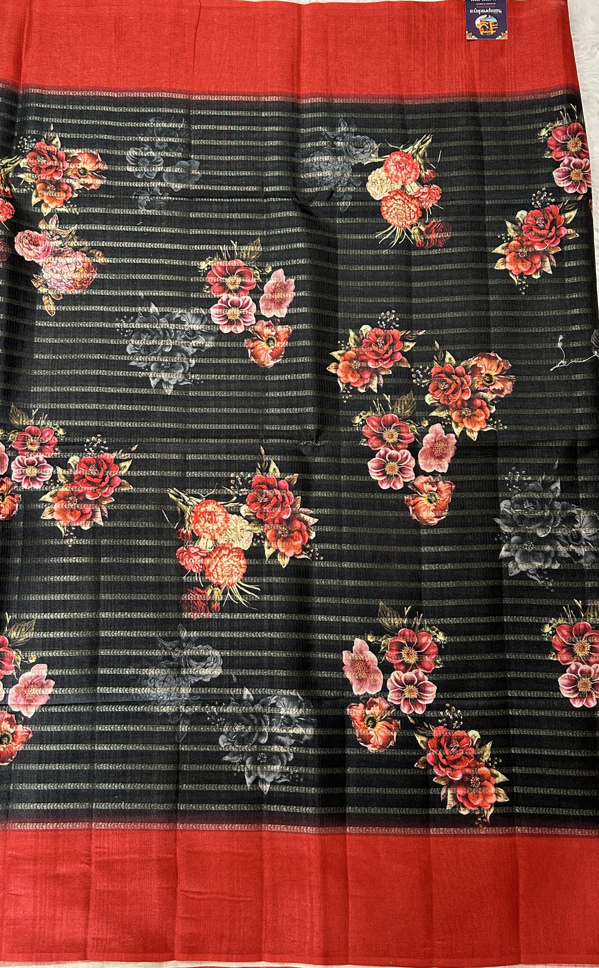 Semi Tussar Tissue Designer Saree Black colored complemented with a Red Plain Border. - Sampradaya Designer Studio