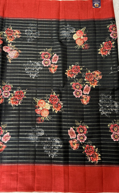 Semi Tussar Tissue Designer Saree Black colored complemented with a Red Plain Border. - Sampradaya Designer Studio
