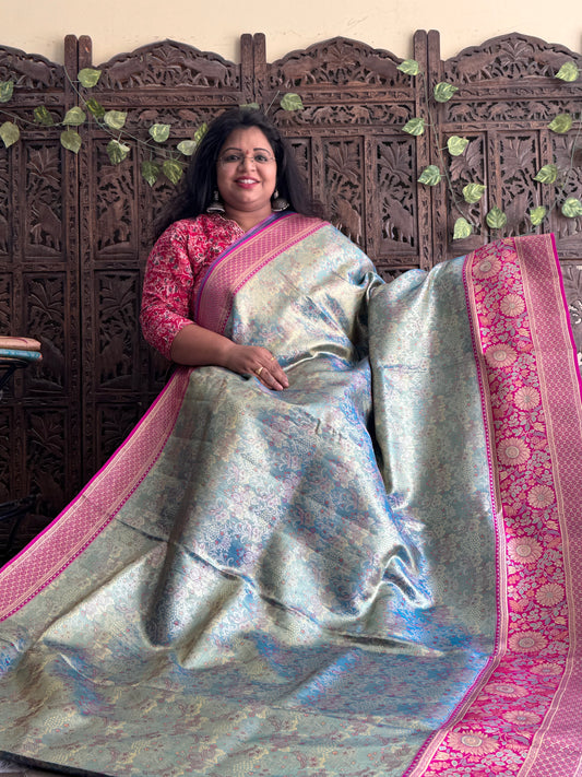 Sea Green Kanjivaram Bridal Silk Saree With Gold Zari Border  | Handloom | Silk Mark Certified