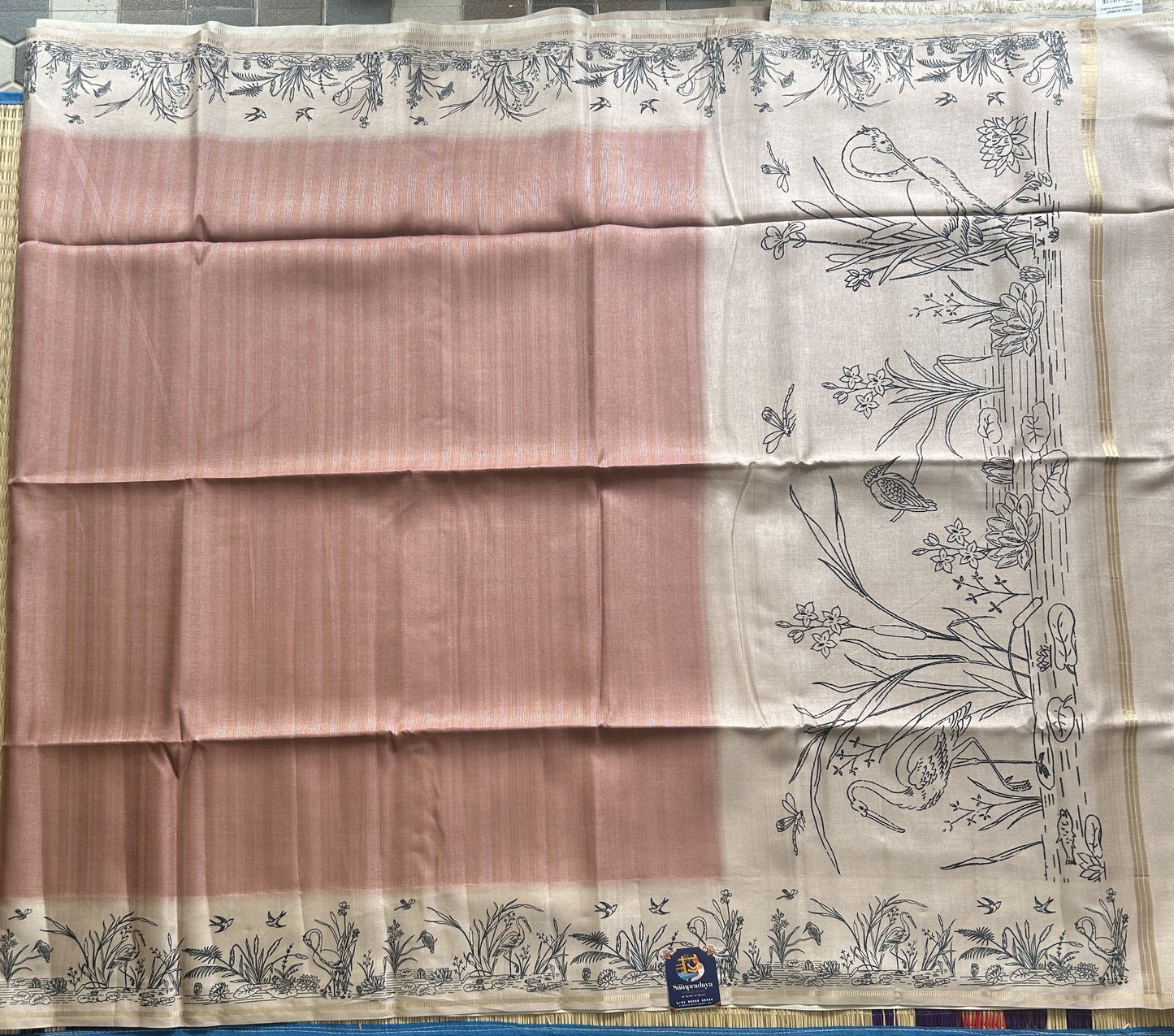 Semi Tussar Silk Saree - peach color with Gold Zari Border - Elegant Fancy Saree for Party & Office Wear.