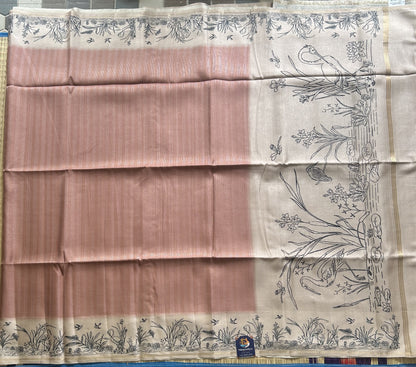 Semi Tussar Silk Saree - peach color with Gold Zari Border - Elegant Fancy Saree for Party & Office Wear.