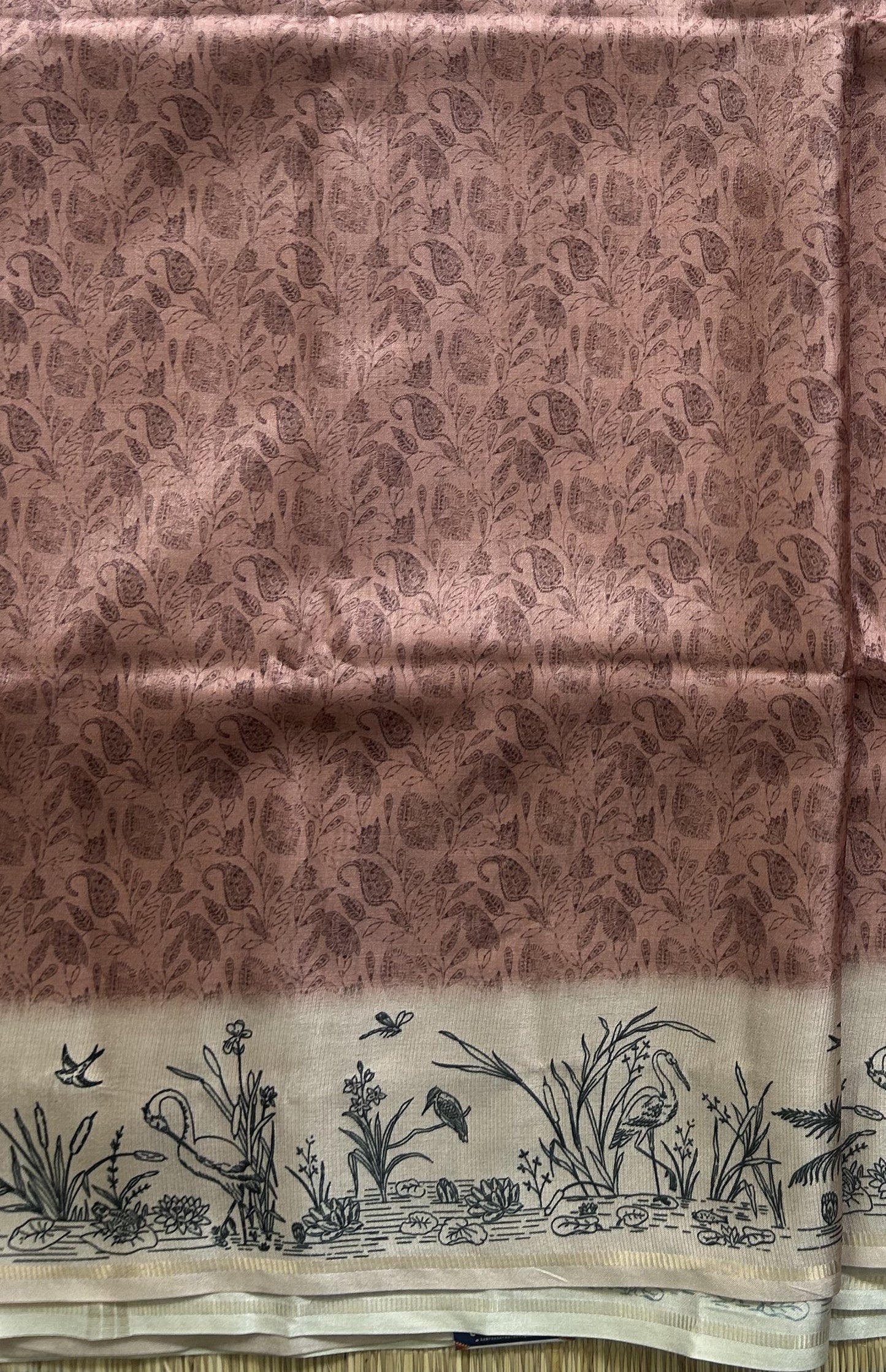 Semi Tussar Silk Saree - peach color with Gold Zari Border - Elegant Fancy Saree for Party & Office Wear.