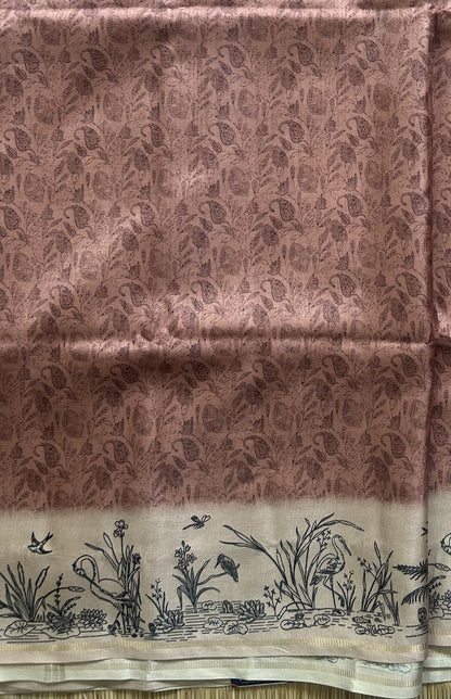 Semi Tussar Silk Saree - peach color with Gold Zari Border - Elegant Fancy Saree for Party & Office Wear.