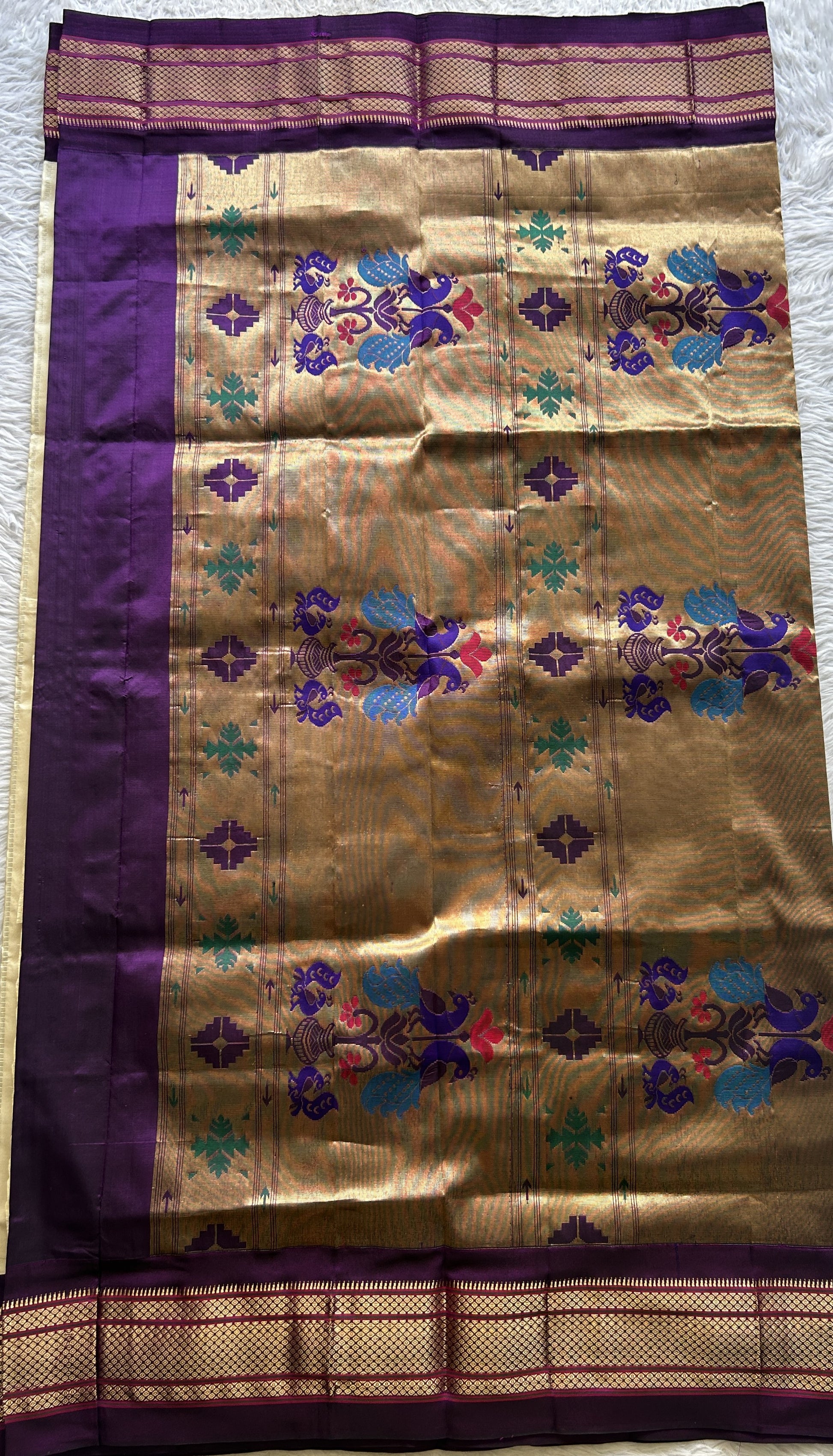 Narayanpet Silk Saree Cream Colored Complemented with a Violet Zari Border. - Sampradaya Designer Studio