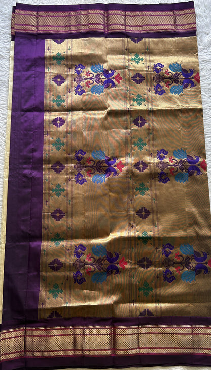 Narayanpet Silk Saree Cream Colored Complemented with a Violet Zari Border. - Sampradaya Designer Studio
