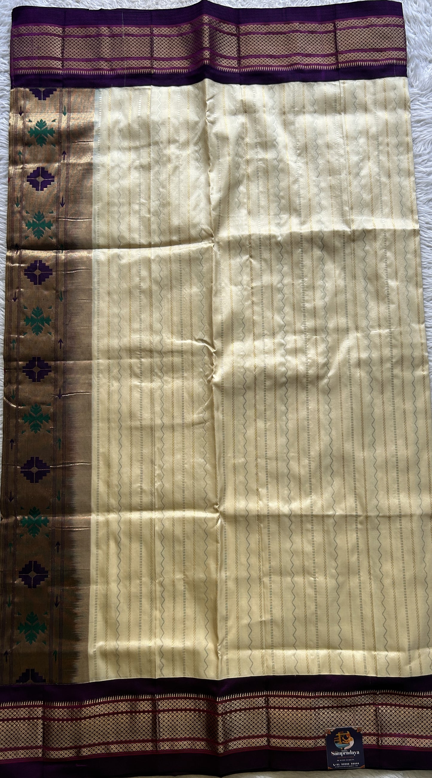 Narayanpet Silk Saree Cream Colored Complemented with a Violet Zari Border. - Sampradaya Designer Studio