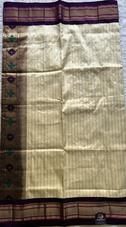 Narayanpet Silk Saree Cream Colored Complemented with a Violet Zari Border. - Sampradaya Designer Studio