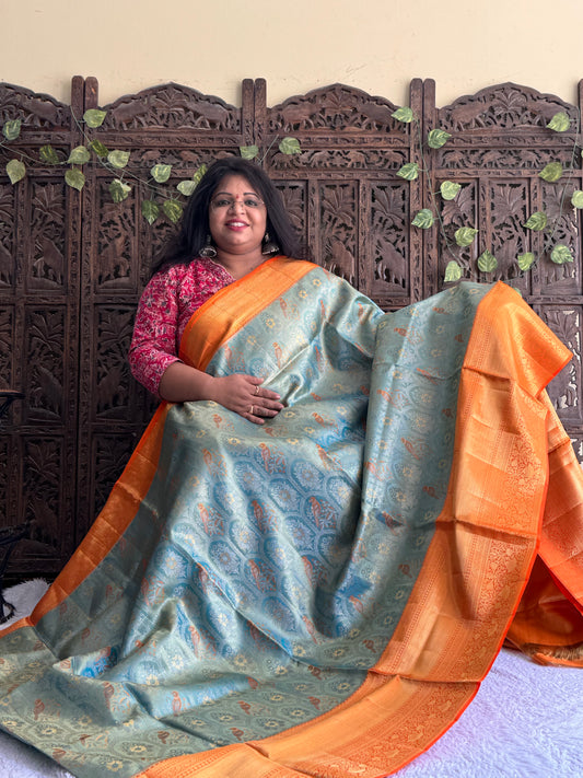 Blue Kanjivaram Bridal Silk Saree With Gold Zari Border  | Handloom | Silk Mark Certified