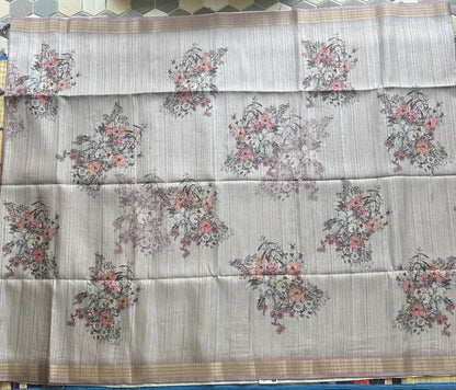 Semi Tussar Silk Saree - gray color with Gold Zari Border - Elegant Fancy Saree for Party & Office Wear.