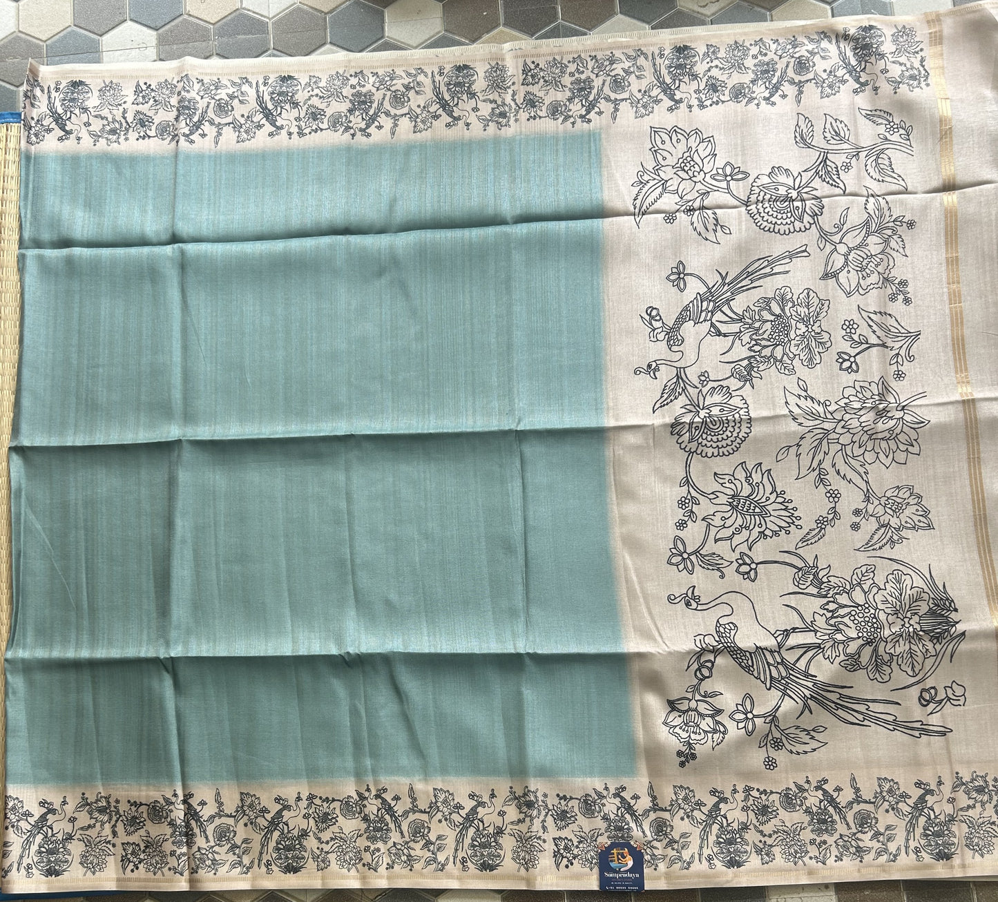 Semi Tussar Silk Saree -Ice blue color with Gold Zari Border - Elegant Fancy Saree for Party & Office Wear.